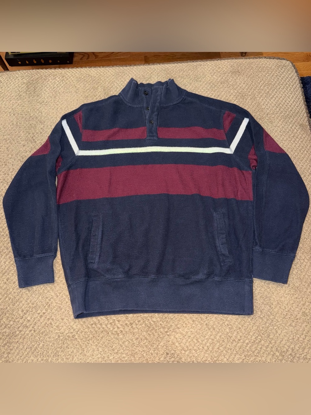 Chaps Navy and Burgundy Button-Up Quarter Sweater